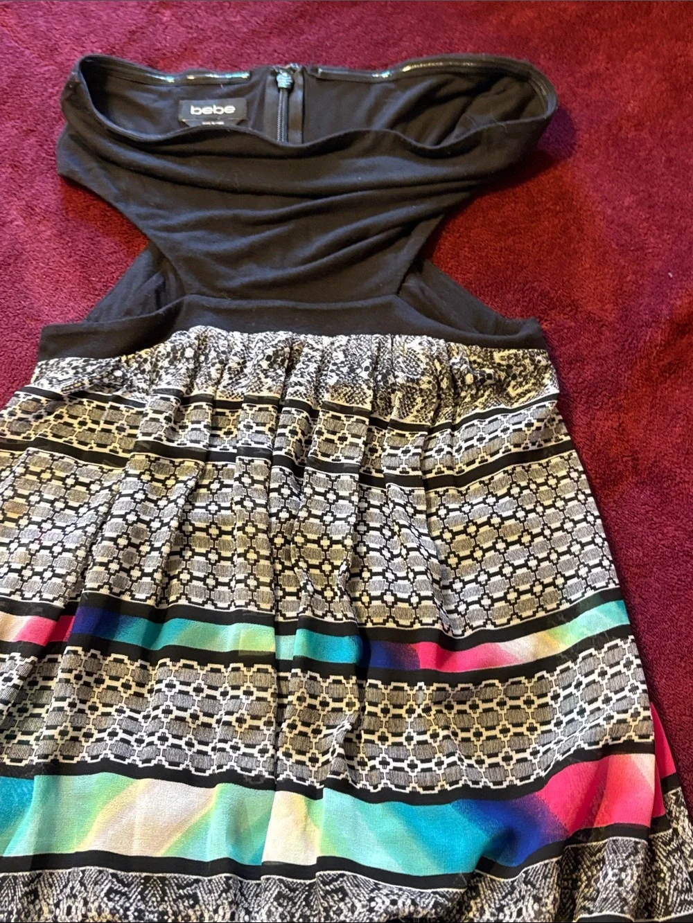 BebeBlack Fit-and-Flare Dress with Multicolor Stripe Pattern